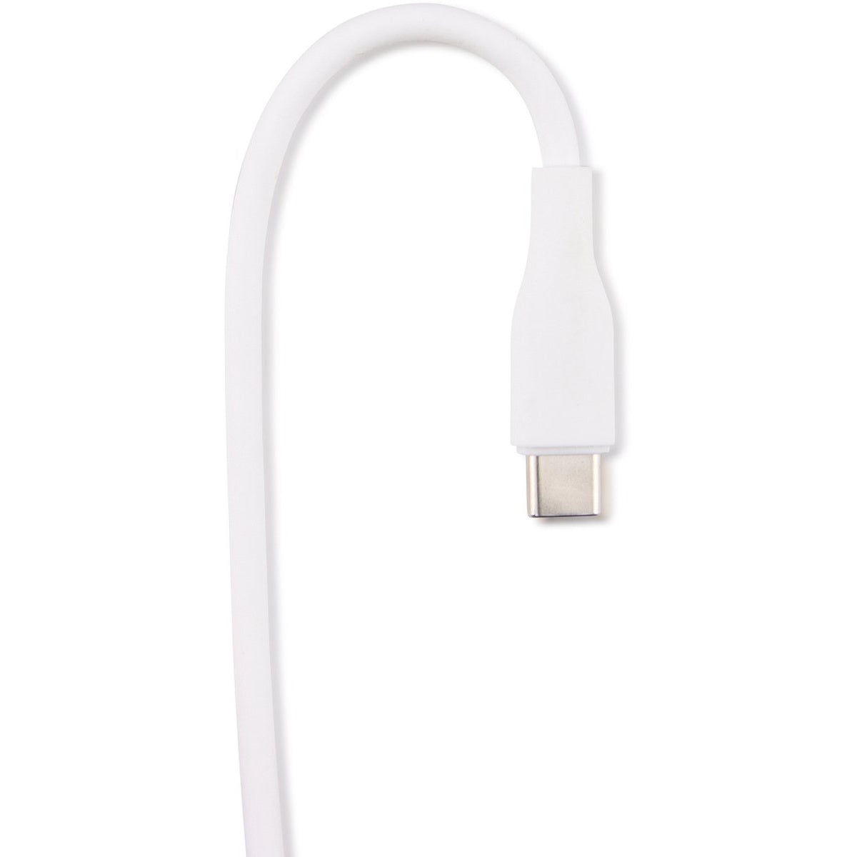 A white USB-C cable against a white background. The cable is curved and has a connector on the end.