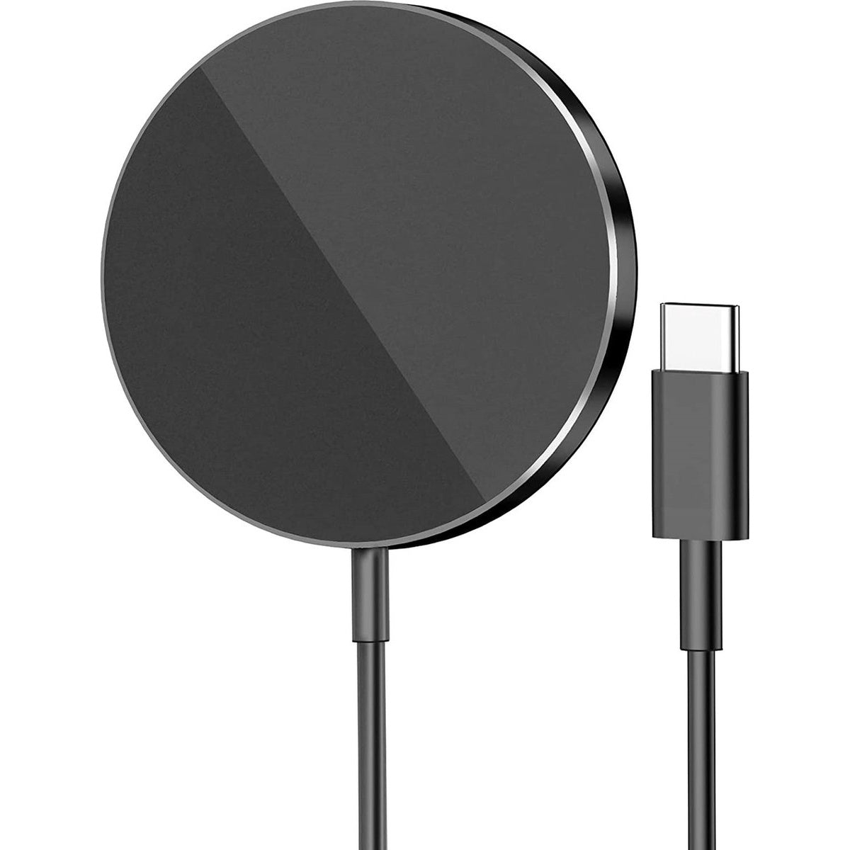 Zwarte draadloze oplader met zilveren rand en USB-C-kabel op witte achtergrond. De oplader is cirkelvormig.