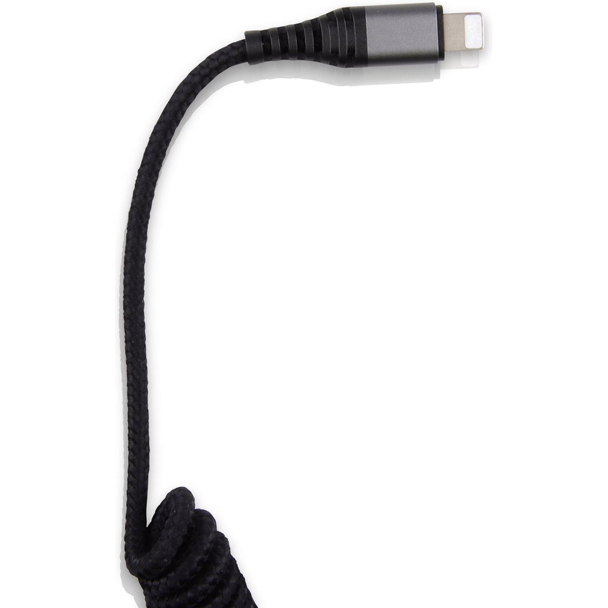 Black braided charging cable with a gray connector and a white lightning connector. Background is plain white.