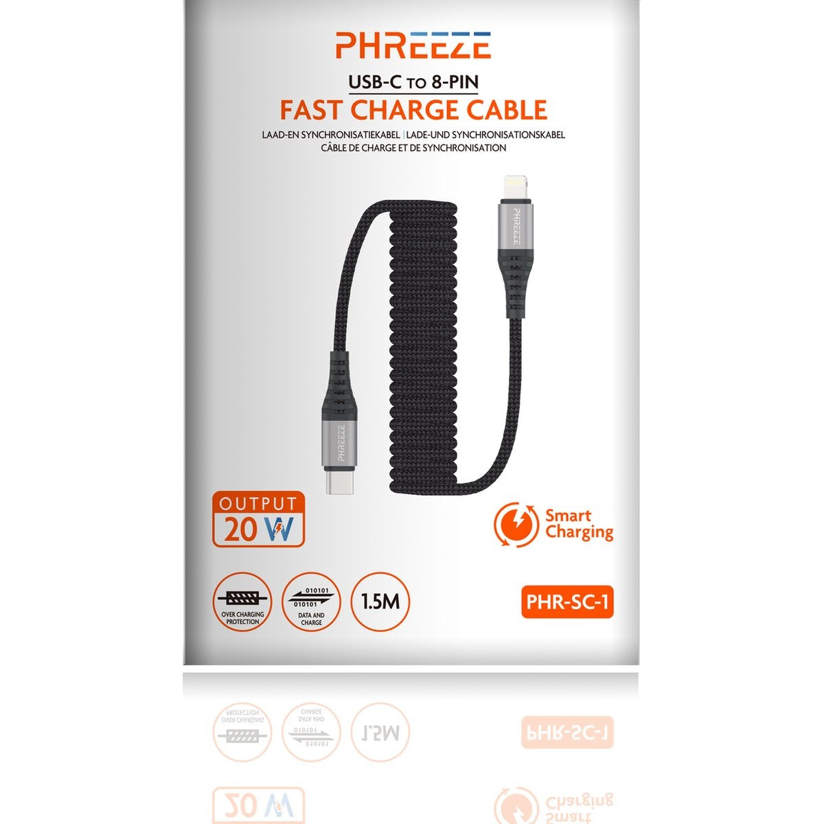 A black USB-C to 8-Pin fast charge cable with a white background. Text on the package reads 'PHREEZE' and '20W Output'.