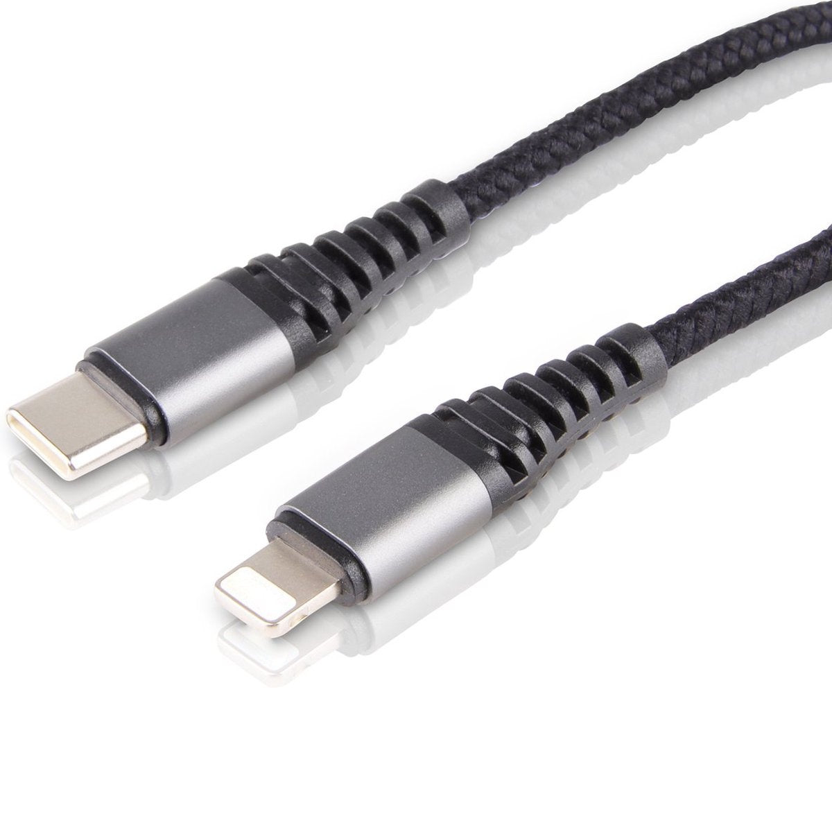 A black USB-C to Lightning cable. The connectors are gray with black ridges. The cable is braided black, on a white background.