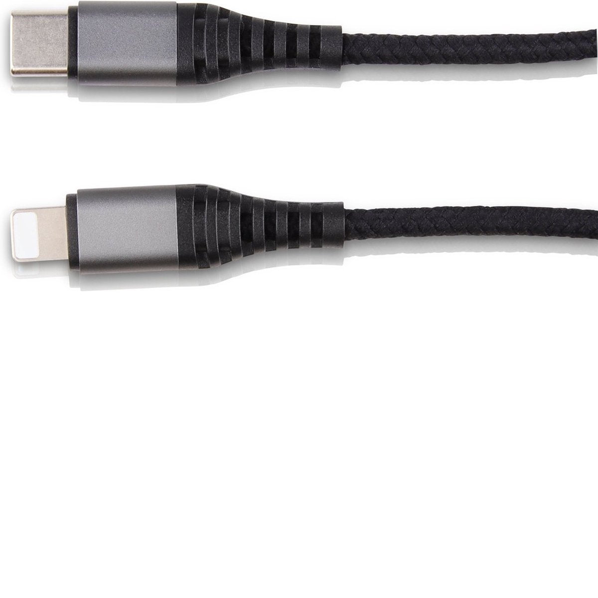 Two charging cables, one USB-C and one lightning, with silver connectors and black braided cables, are placed on a white background.