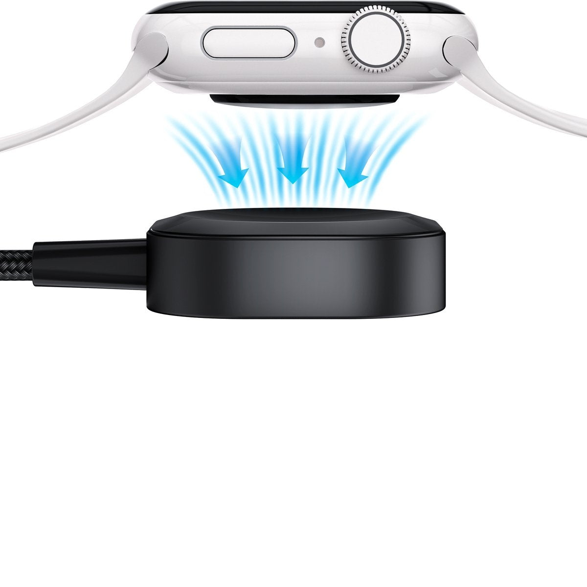 A white Apple Watch is charging on a black charging dock. Blue arrows indicate power flow. White straps extend from the watch.