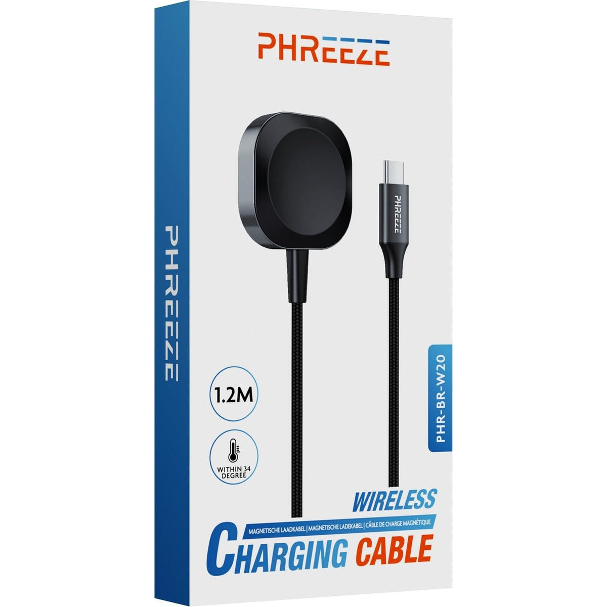 A wireless charging cable box with a black charging pad, cable, and the brand name PHREEZE. Text includes 'WIRELESS CHARGING CABLE'.