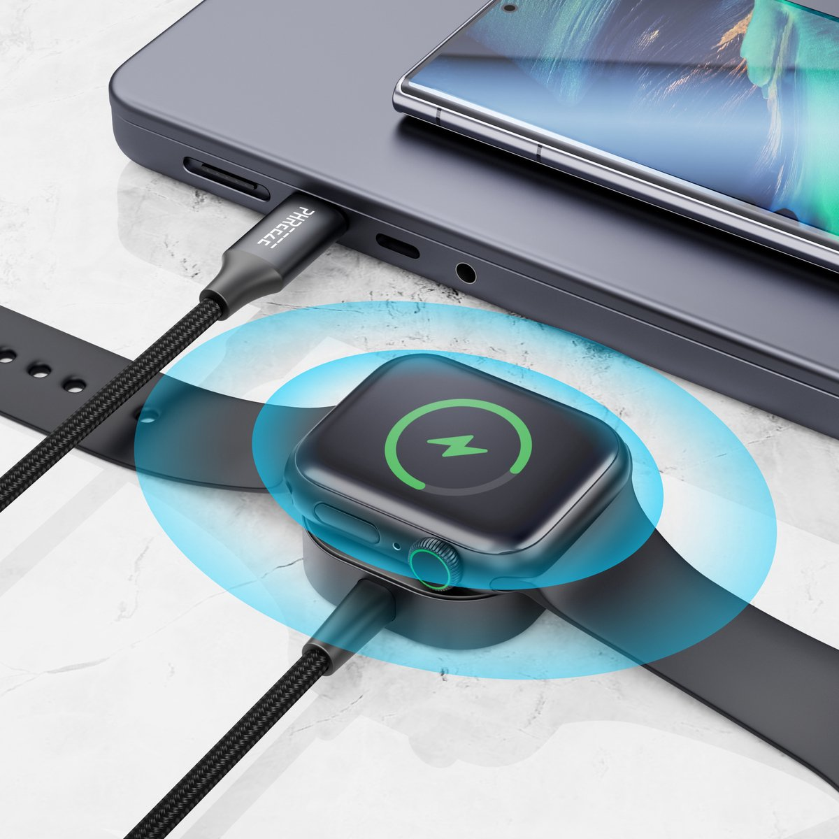 An Apple Watch charging on a wireless charging pad. A phone and laptop are also present. Cables connect the devices.