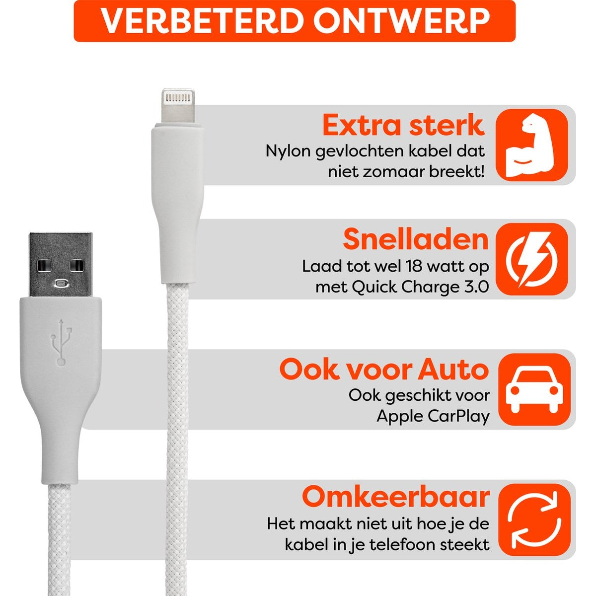 White USB cable, with text labels: Extra strong, fast charging, car compatible, reversible. Orange header: VERBETERD ONTWERP.