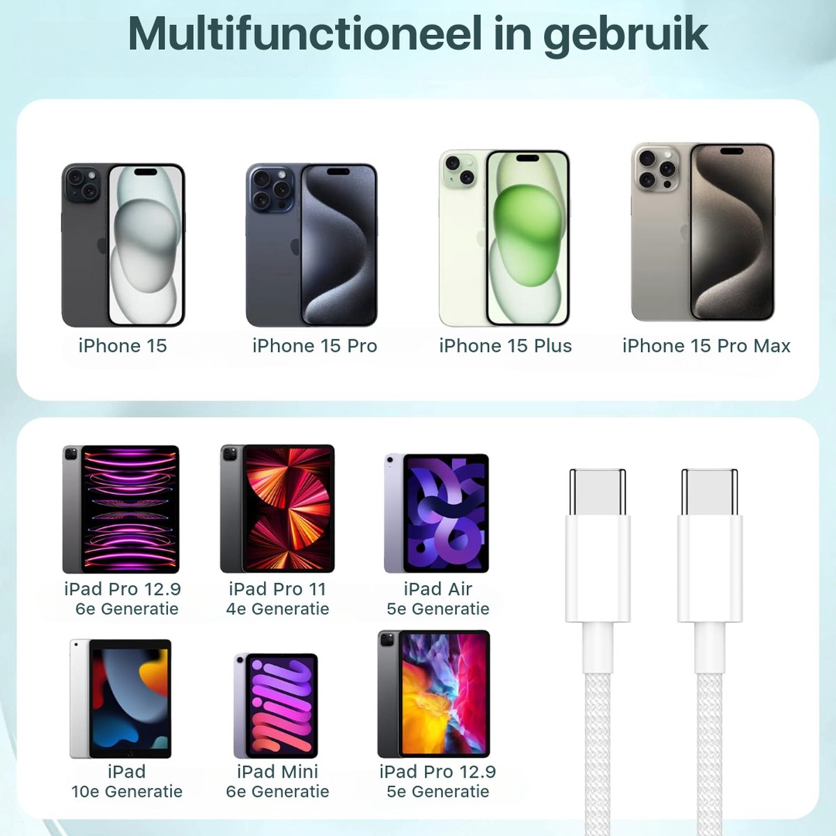 Afbeelding toont verschillende Apple-producten: iPhones en iPads. Inclusief modellen zoals iPhone 15, Pro, Plus en Max, samen met iPad Pro en Mini modellen.