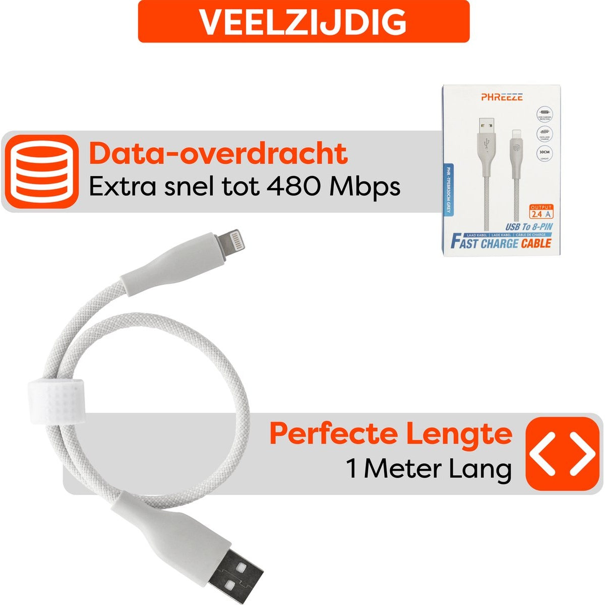 A white USB to 8-pin fast charge cable is shown on a white background. The cable is 1 meter long. The product is in a box.