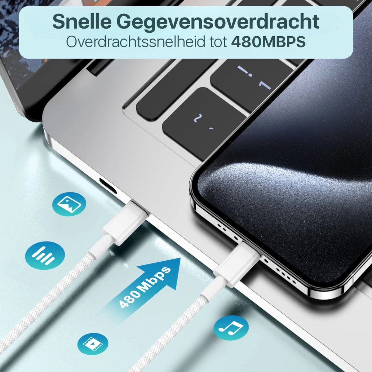 Een telefoon en een laptop zijn verbonden met witte kabels. Boven staat 'Snelle gegevensoverdracht'. Een pijl toont 480 Mbps.