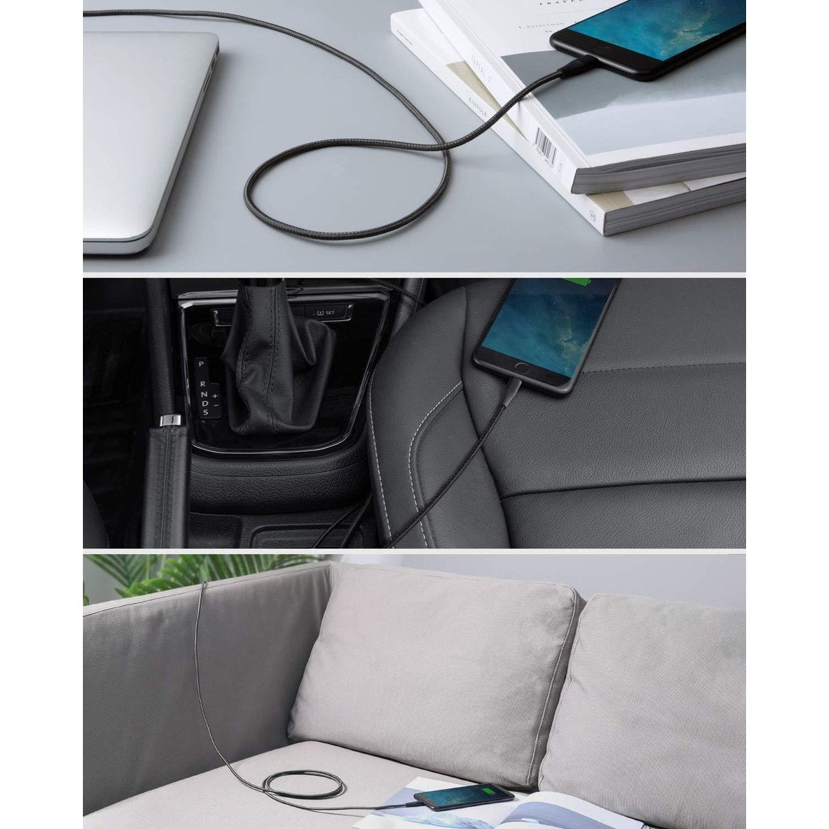 Een zwarte oplaadkabel verbindt een telefoon met een laptop, een autostoel en een bank. Het telefoonscherm toont de oplaadstatus.