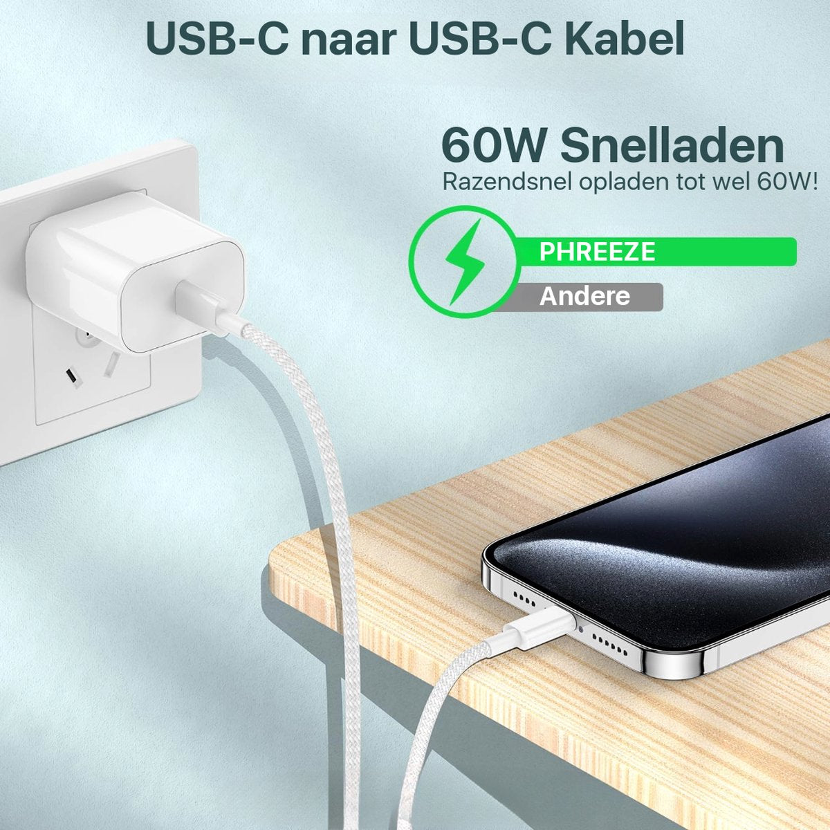 Een witte USB-C-kabel laadt een telefoon op een houten oppervlak op. Een witte oplader is aangesloten op een stopcontact. Tekst over snel opladen is zichtbaar.