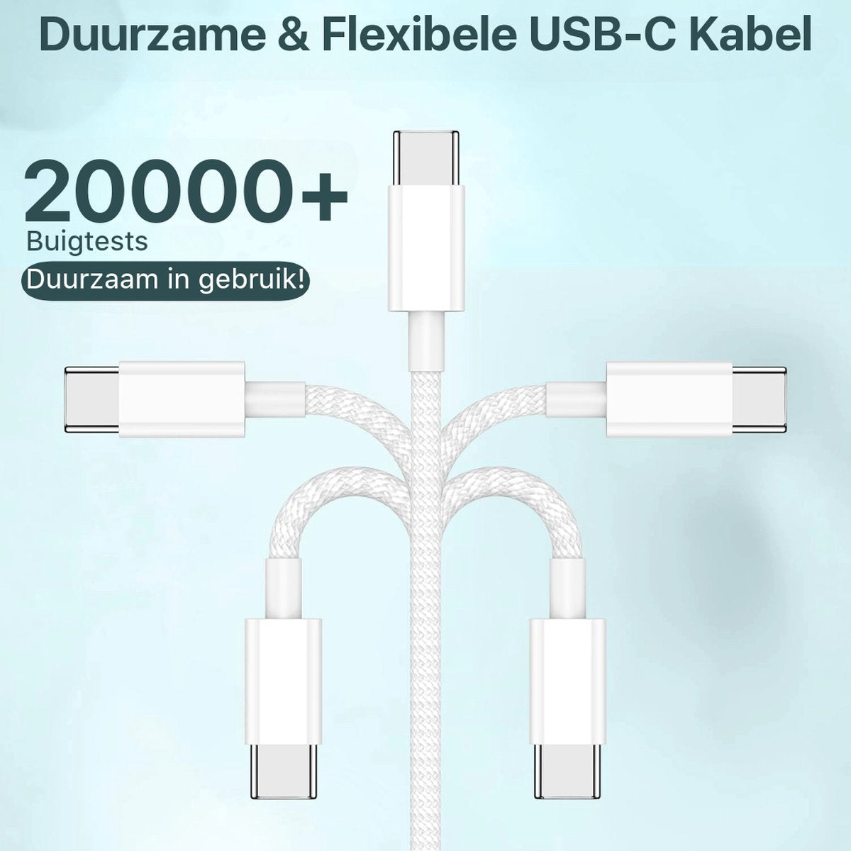 Witte USB-C-kabels die uitwaaieren vanuit een centraal punt. Tekst luidt 'Duurzame & Flexibele USB-C Kabel' en '20000+ Buigtests'.