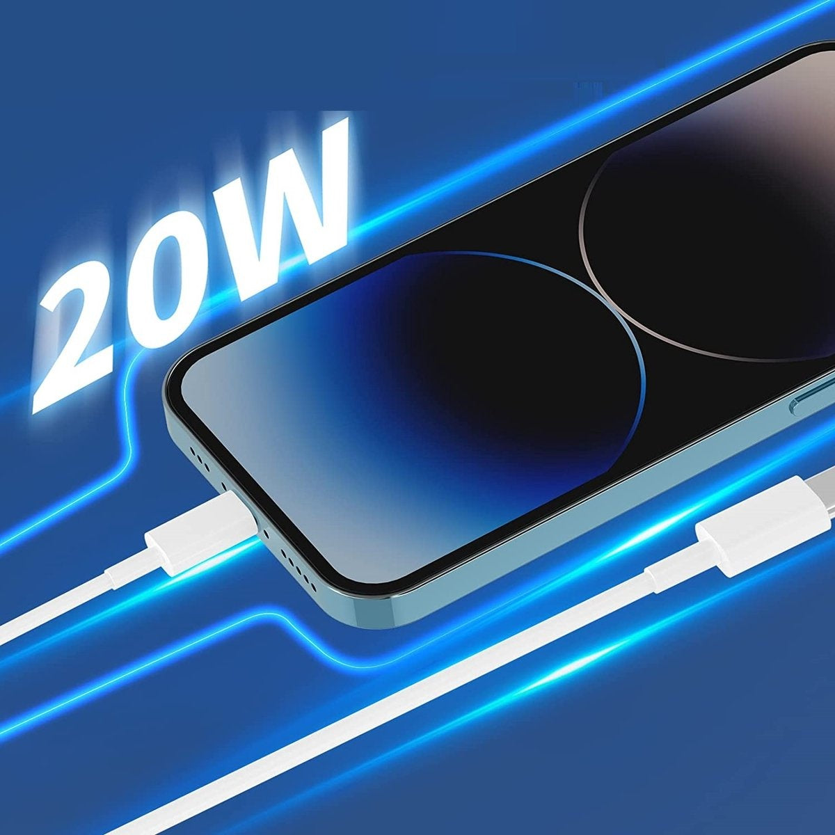 A smartphone with a charging cable is shown against a blue background. The text '20W' is overlaid, suggesting fast charging.