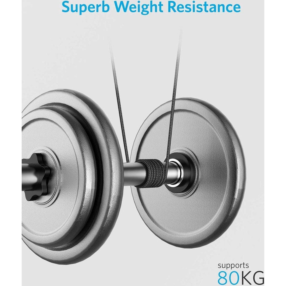 Een halter met zilveren platen en een zwarte handgreep. Boven staat 'Superb Weight Resistance'. Onderaan staat 'supports 80KG'.