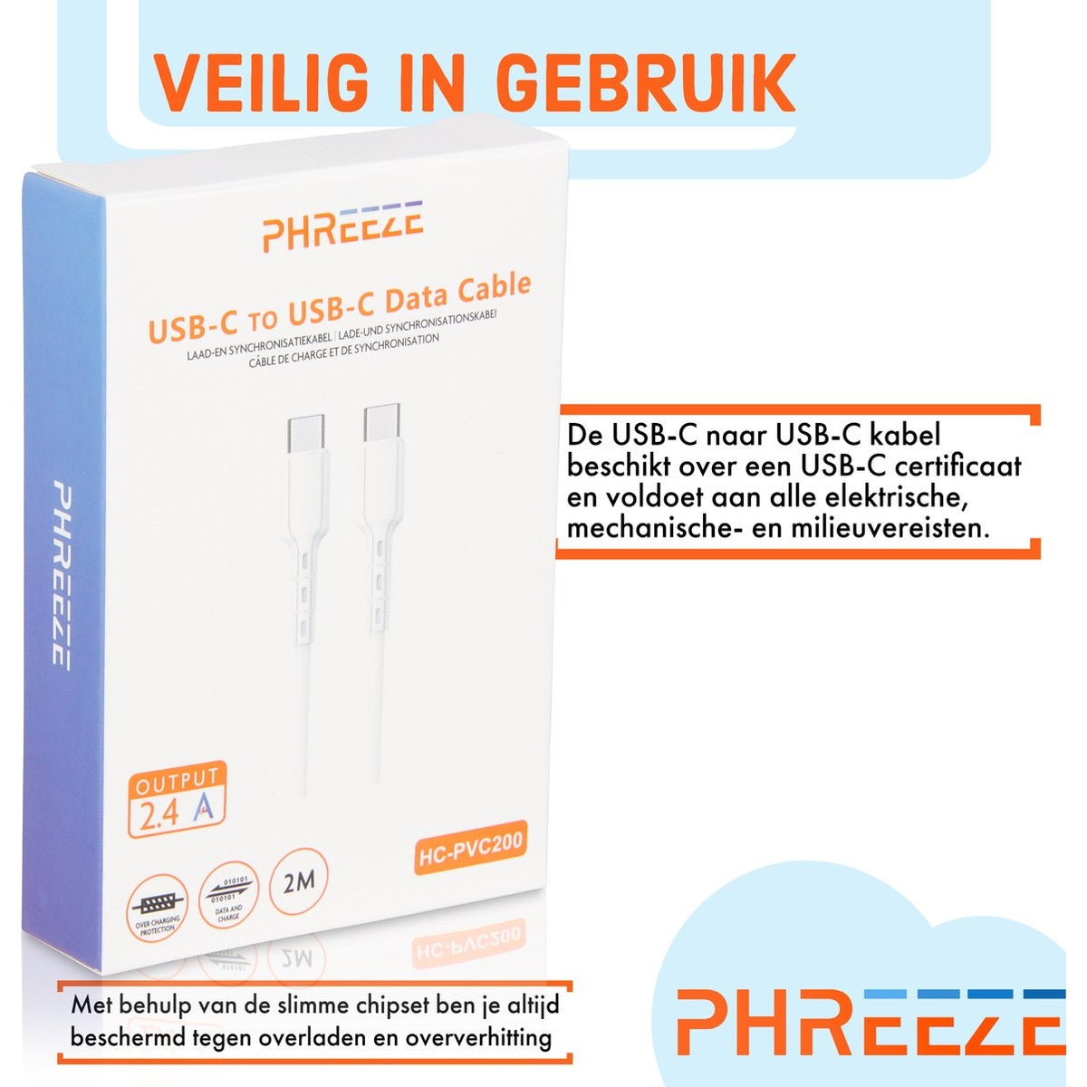 Een witte doos met een USB-C kabel, gelabeld 'PHREEZE'. Tekst bevat 'USB-C to USB-C Data Cable' en veiligheidsfuncties.