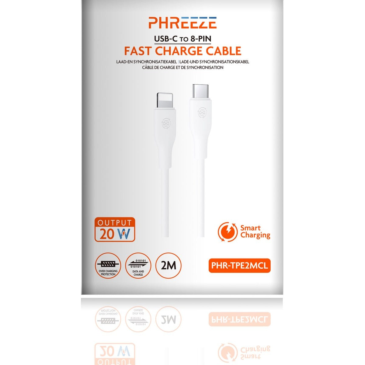 A white USB-C to 8-Pin fast charge cable on a product package. Features include 20W output, smart charging, and overcharge protection.