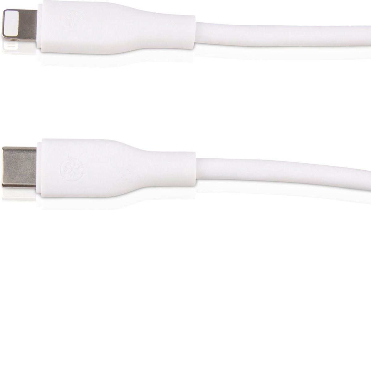 Two white charging cables on a white background. One with a USB-C connector, the other with a Lightning connector.