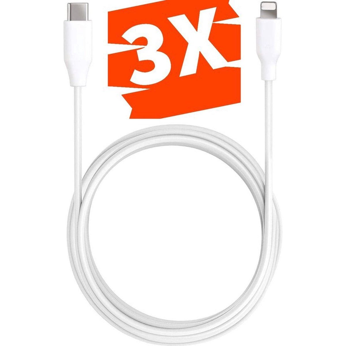 Witte oplaadkabel met USB-C- en Lightning-connectoren, opgerold. Een oranje banner met de tekst '3X' op de achtergrond.
