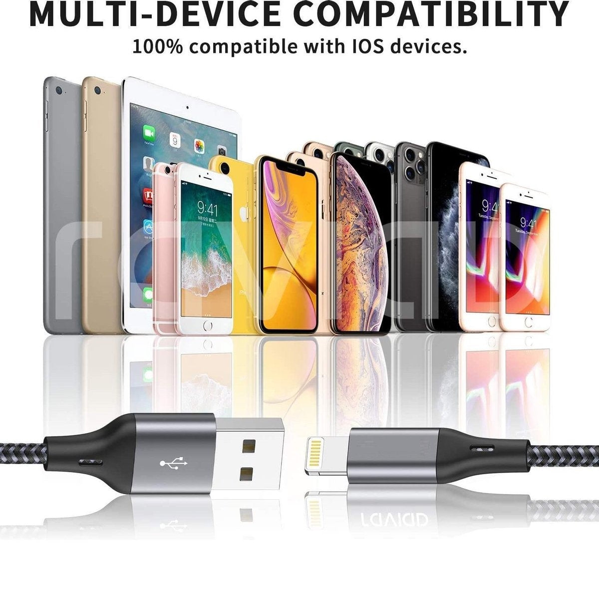 Various iPhones and iPads in a row, cable below. Text reads 'Multi-device compatibility' and '100% compatible with iOS devices'.
