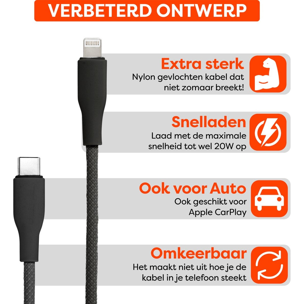 Afbeelding toont een zwarte oplaadkabel met tekstvakken die de kenmerken beschrijven. Tekst bevat 'Extra sterk', 'Snelladen', 'Ook voor Auto'.
