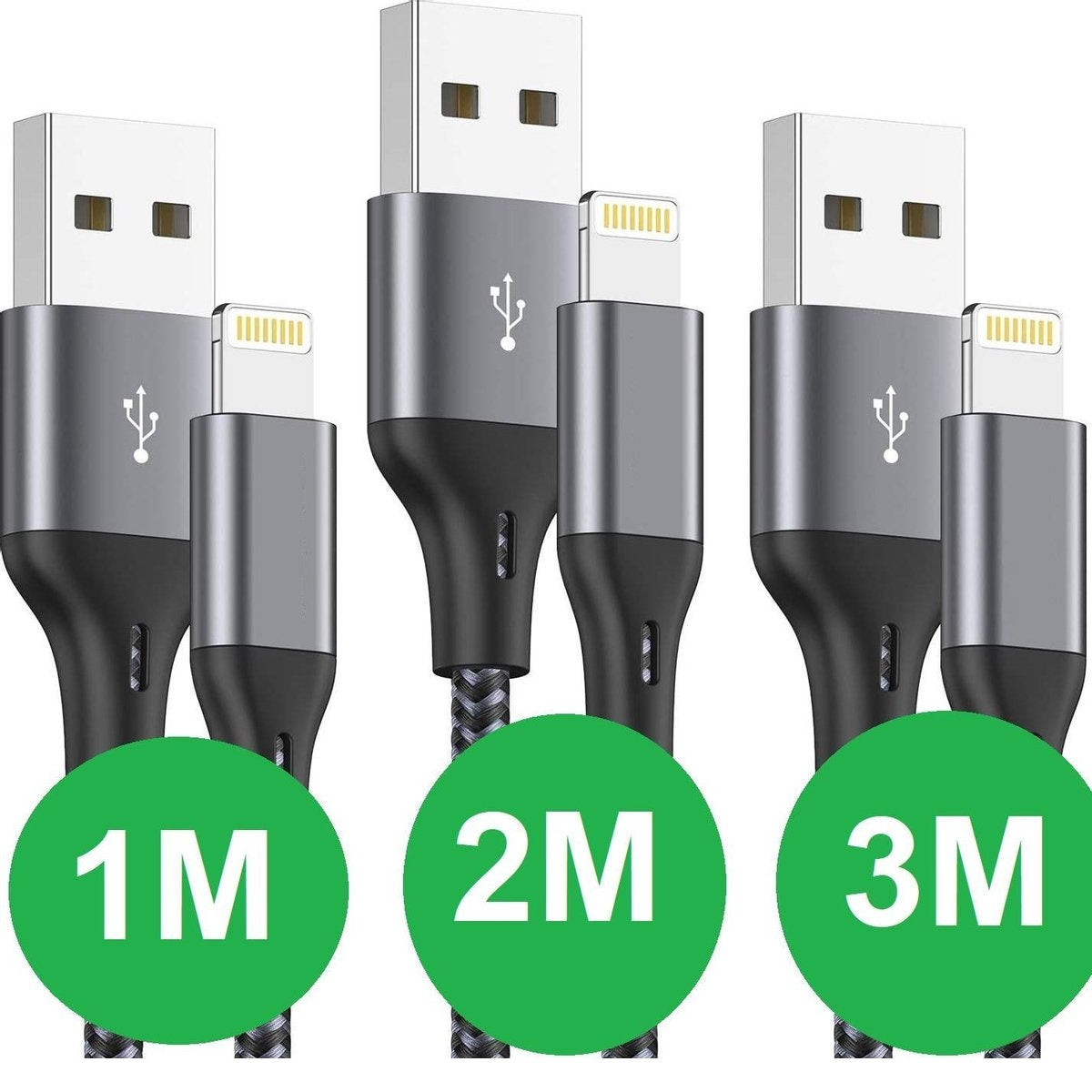 Three USB cables with different lengths (1M, 2M, 3M). Each cable has a USB-A and Lightning connector. The cables are black and gray.