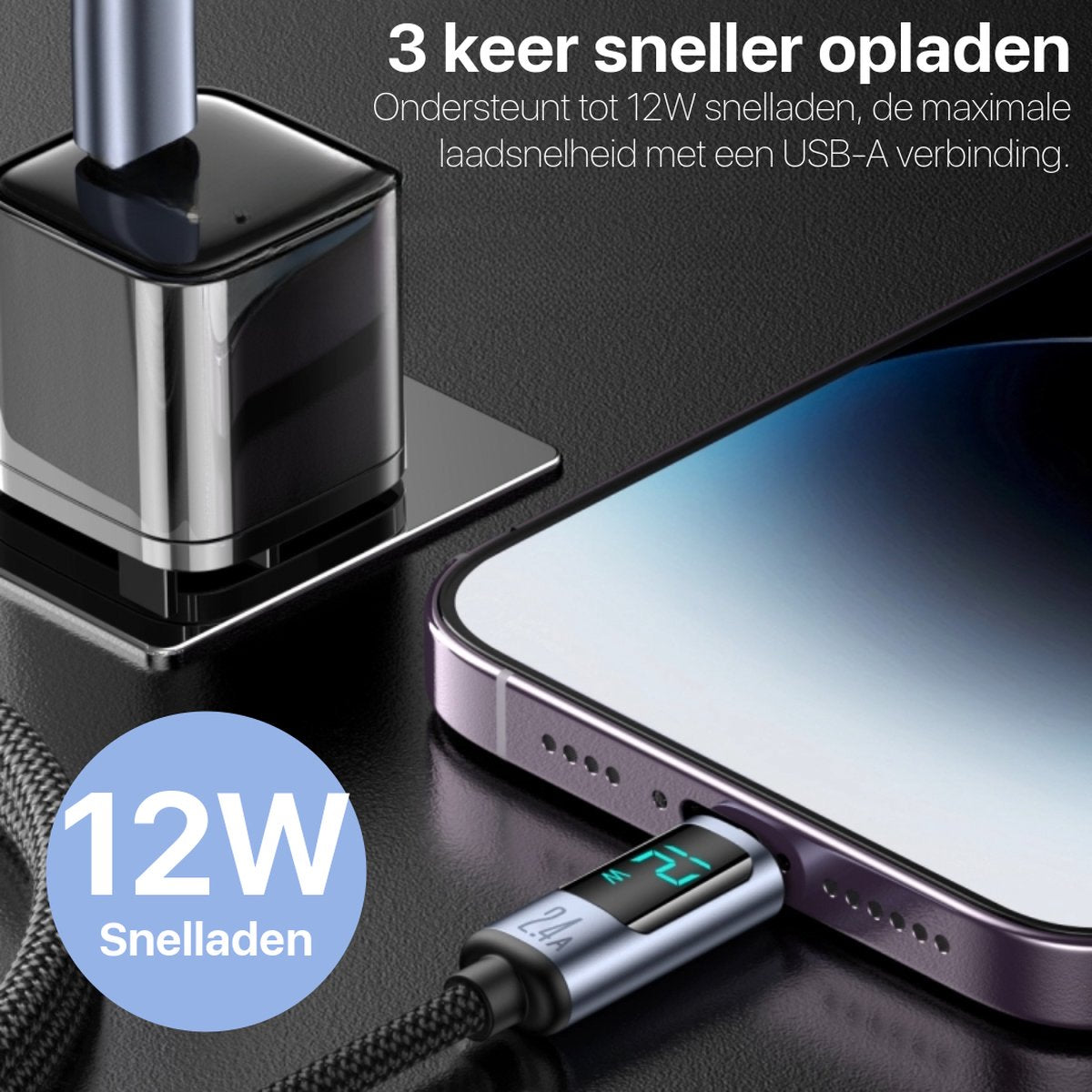 A phone charging with a USB cable. A charger and a phone are visible. Text says '3 keer sneller opladen' and '12W snelladen'.