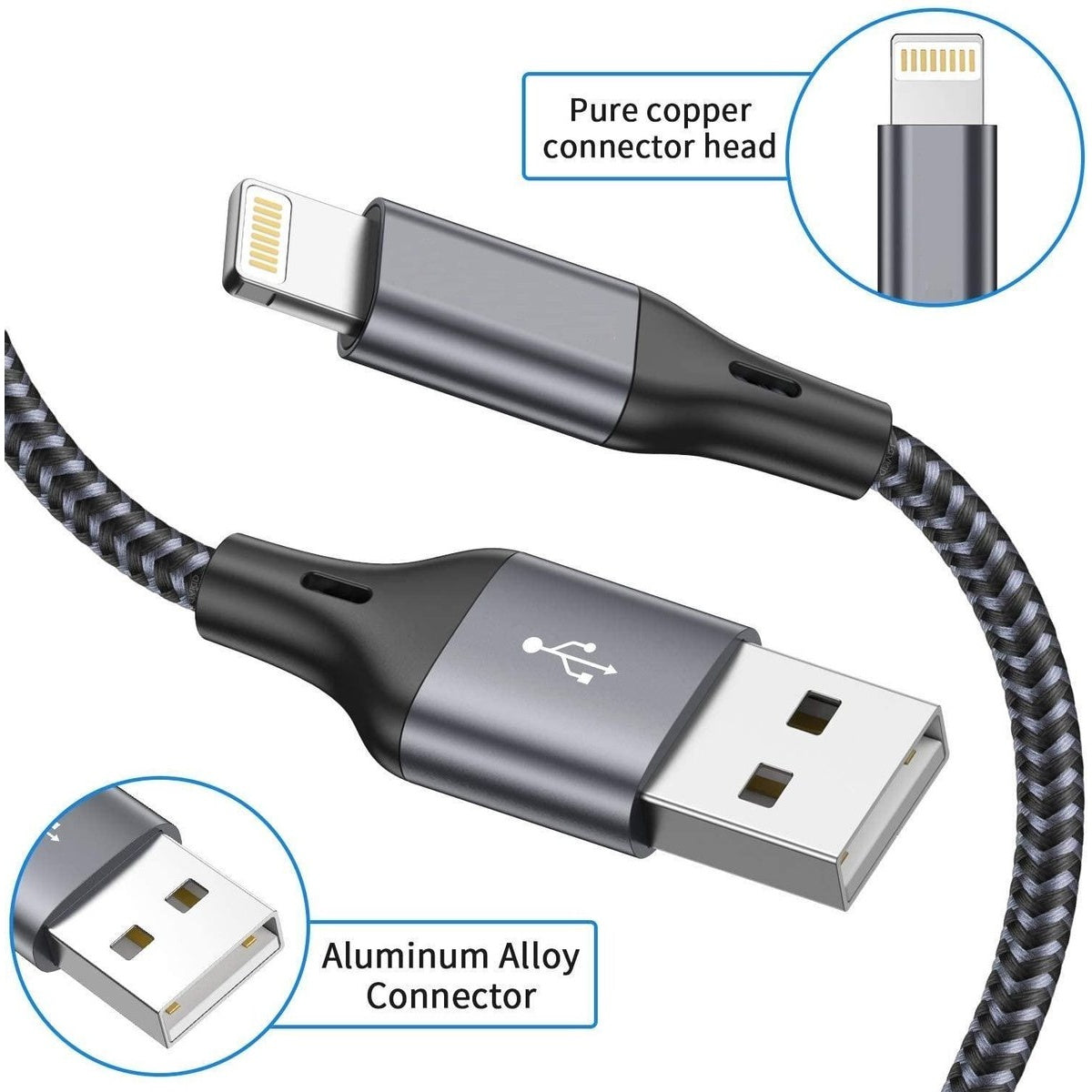A braided charging cable with a USB and Lightning connector. Labels highlight the aluminum and copper components of the connectors.