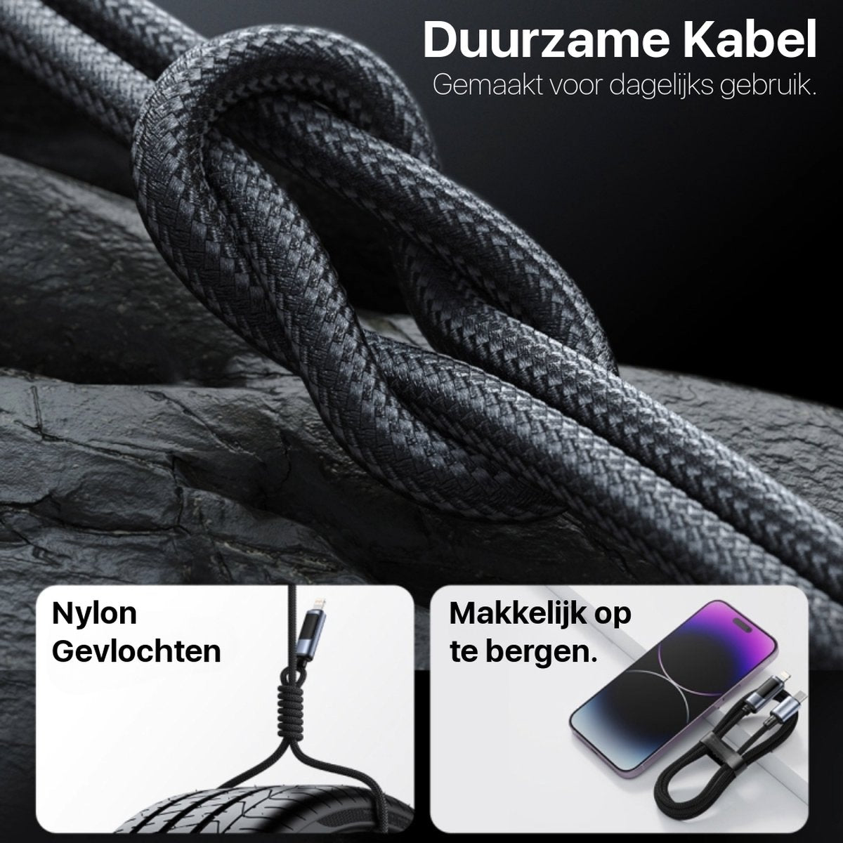 A black braided cable is knotted, with text 'Durable Cable'. Two smaller images show the cable's details and a phone.