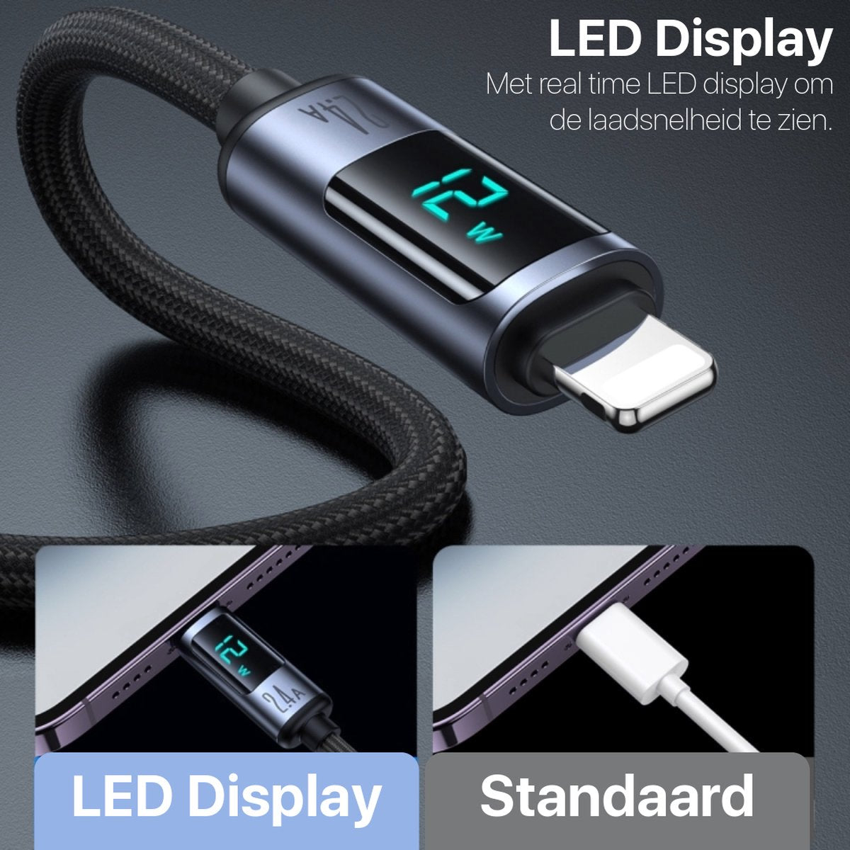 A black charging cable with an LED display showing 12W. The cable is plugged into a phone. Text below the cable reads 'LED Display'.