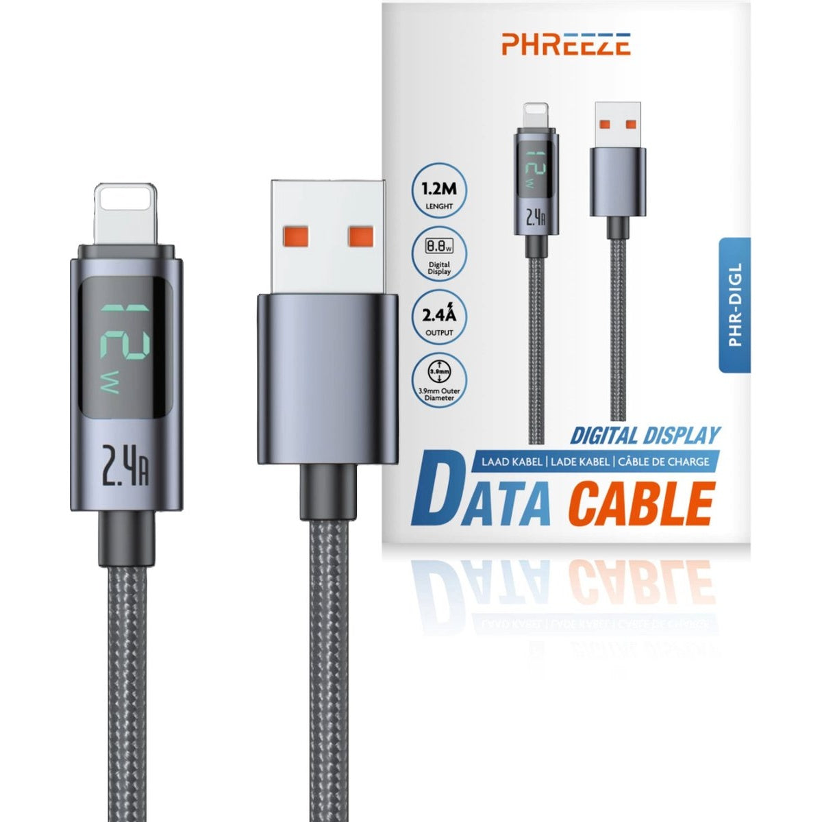 A digital display data cable with a USB and Lightning connector. It shows charging stats and is on a white box.