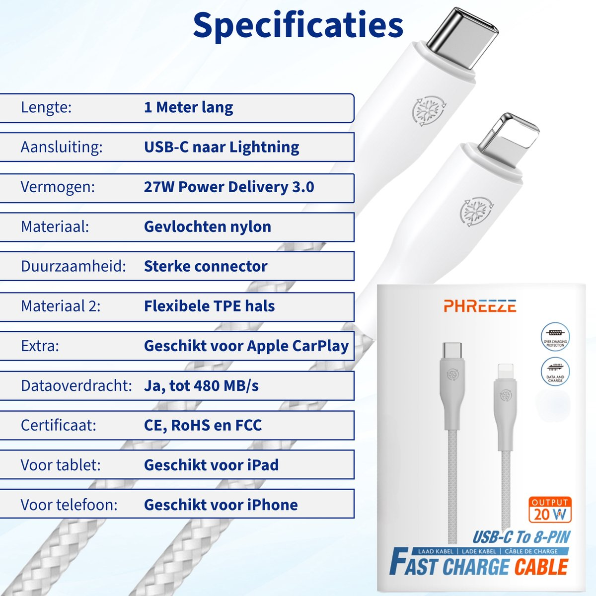 Witte USB-C naar Lightning kabel met specificatietabel. Kabeldetails: 1 meter, 27W, gevlochten nylon, snel opladen, voor Apple-apparaten.