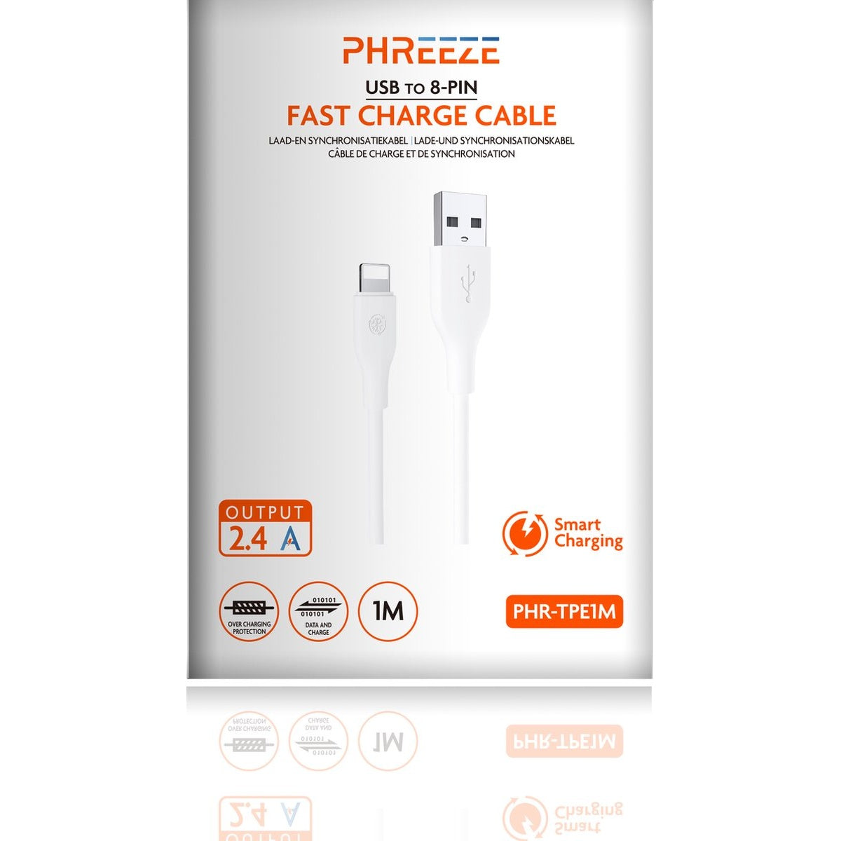 White USB to 8-Pin fast charge cable. Features include over-charging protection, data and charge, and smart charging. Output is 2.4A.
