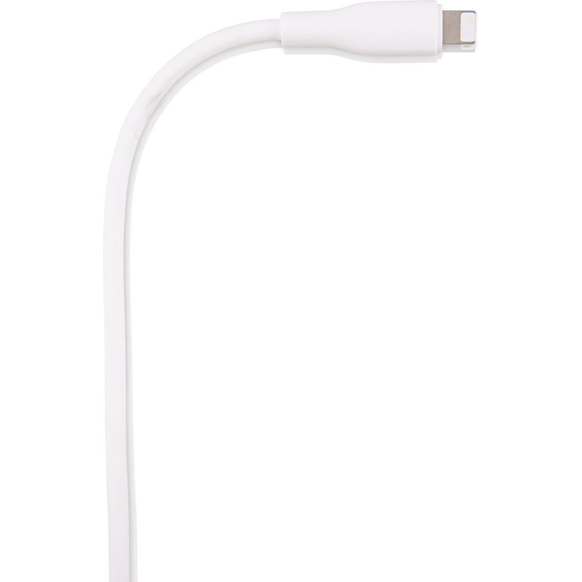 Een witte, gebogen oplaadkabel met een Lightning-connector. De achtergrond is effen wit.