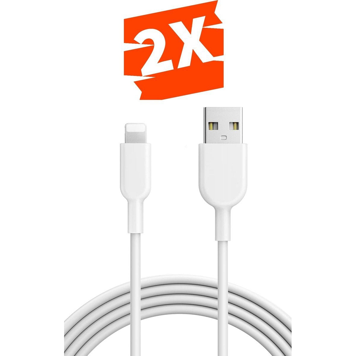 Een witte oplaadkabel met Lightning- en USB-connectoren. Een oranje 2X label bovenaan. Witte achtergrond.