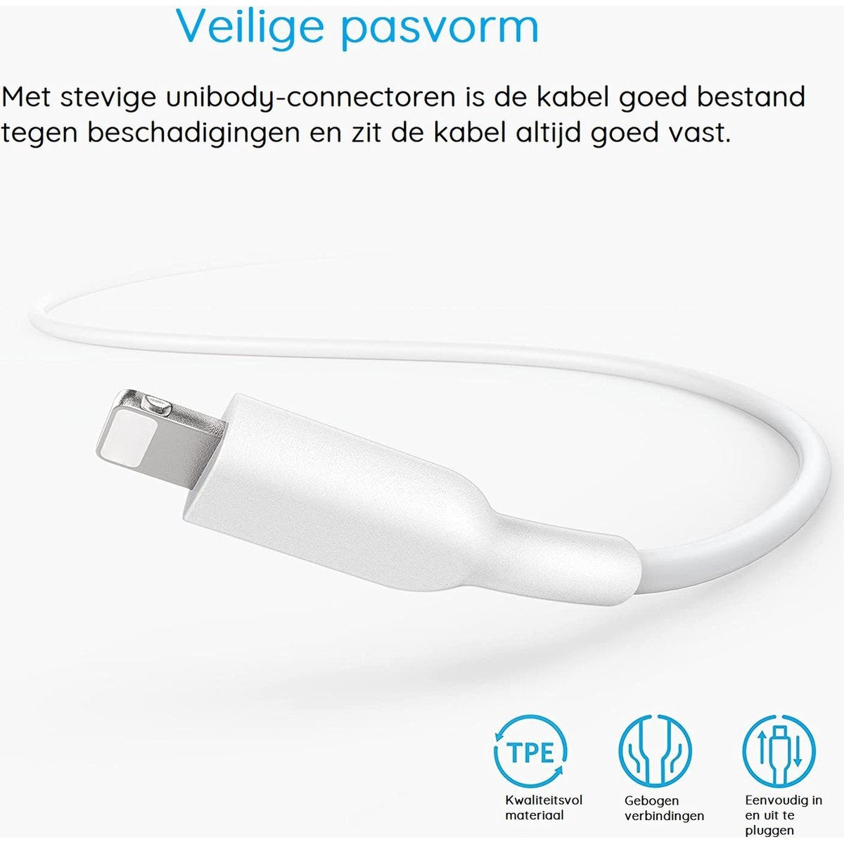 Een witte oplaadkabel met zilveren connector ligt op een wit oppervlak. Drie iconen tonen materiaal, buiging en stekker.