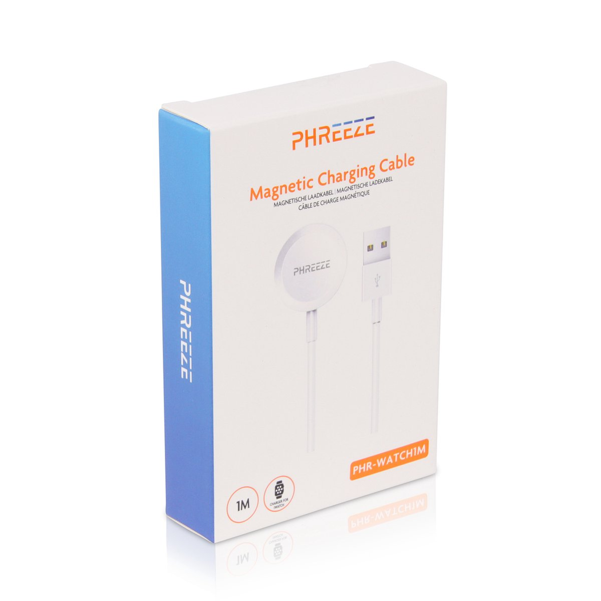 A white box with a charging cable illustration. Text includes "Magnetic Charging Cable" and "PHREEZE". The box has a blue side.