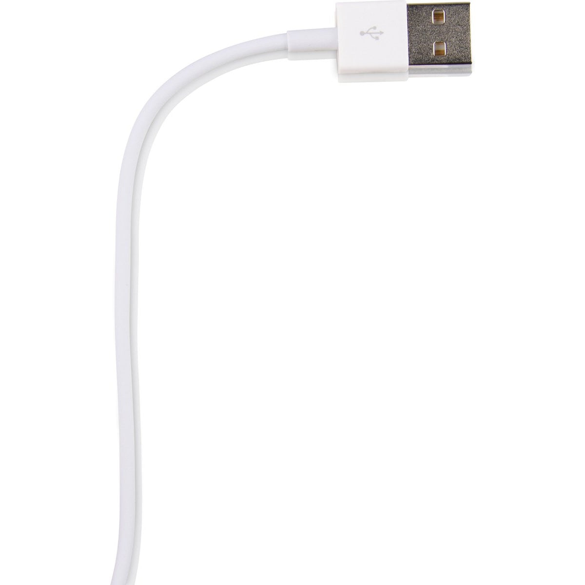 A white USB cable. The cable curves to the left. The USB connector is rectangular with two slots.