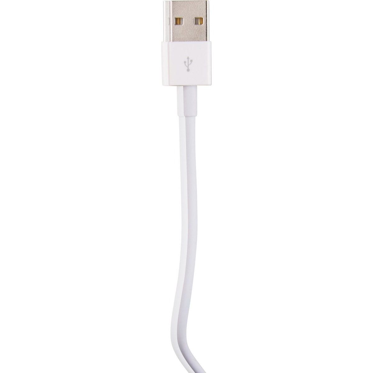 A white USB cable with a USB connector at the top and a white cable extending downwards against a white background.