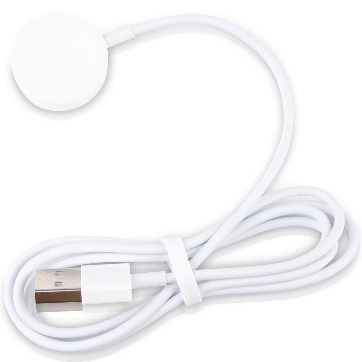 White smartwatch charger with a round charging base and a USB connector. The cable is coiled and secured with a white strap.