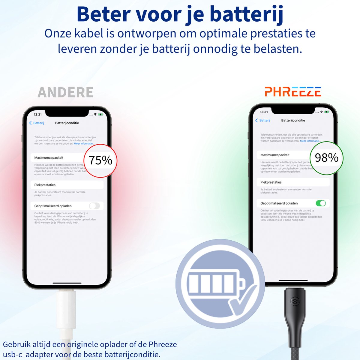 Afbeelding toont twee iPhones met batterijstatus. Eén op 75%, de andere op 98%, met een kabel aangesloten op de tweede telefoon.