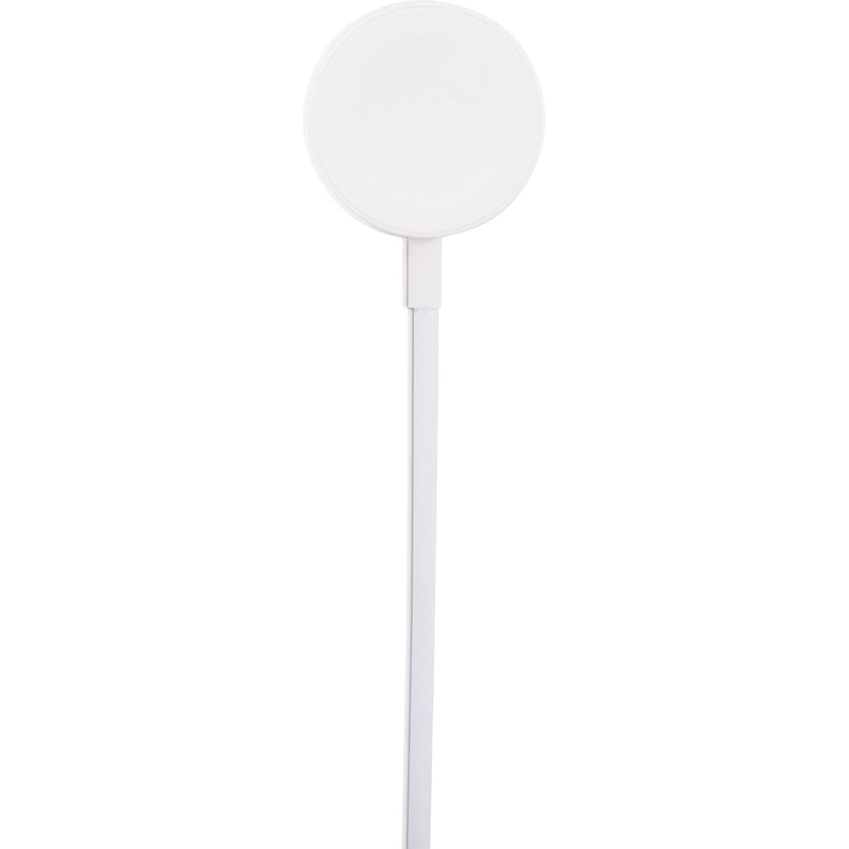 A white, round object on a white stick, possibly a sign or a light fixture, against a white background.
