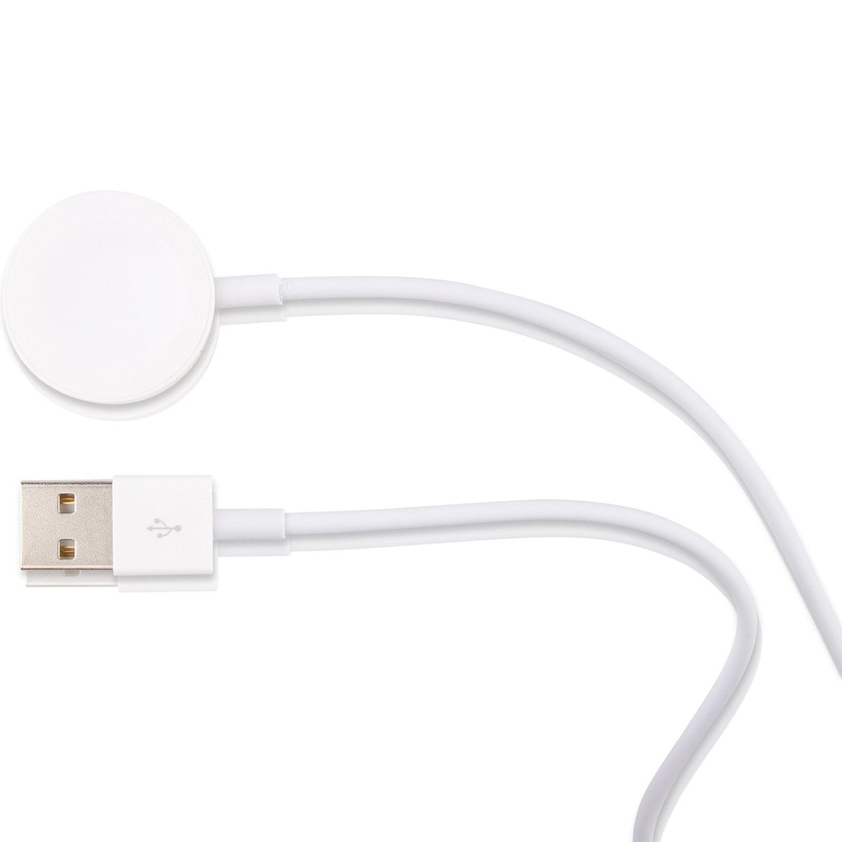 A white Apple Watch charger on a white background. It has a USB end and a round charging pad connected by a white cable.