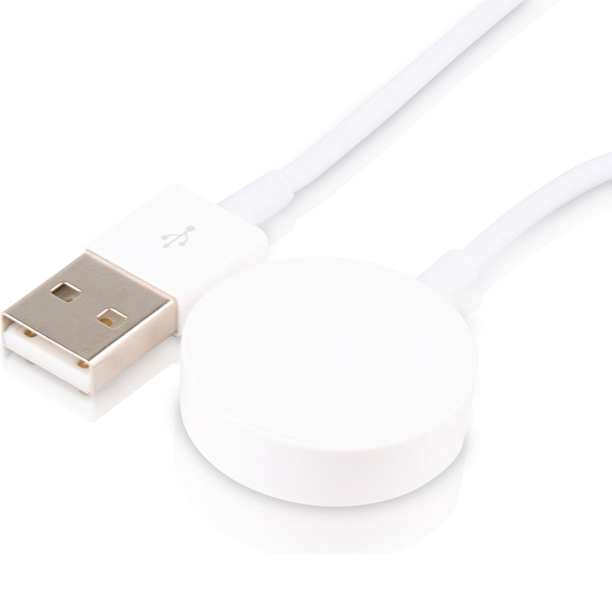 A white USB charging cable with a round charging base. The USB connector is silver. The background is white.