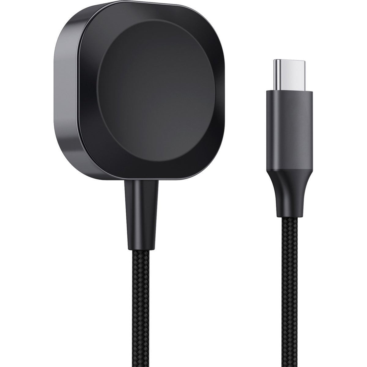 Zwart oplaadstation met een USB-C-kabel. Het station is rond en de kabel heeft een geweven textuur.