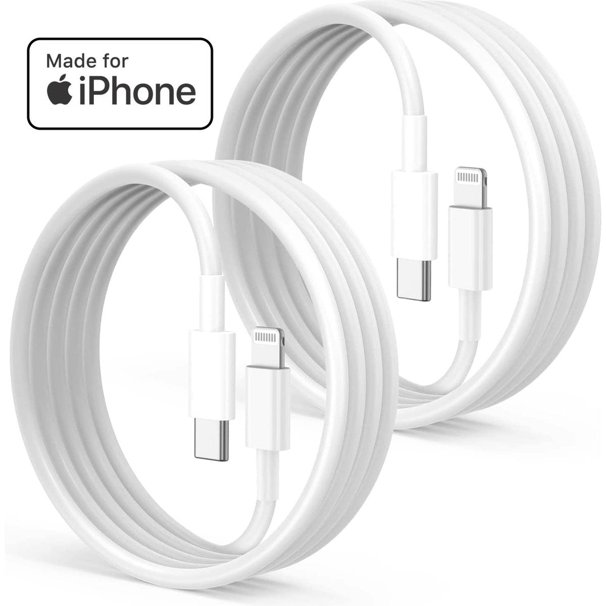 Twee witte oplaadkabels met USB-C- en Lightning-connectoren. De kabels zijn opgerold. Een 'Made for iPhone' label staat linksboven.