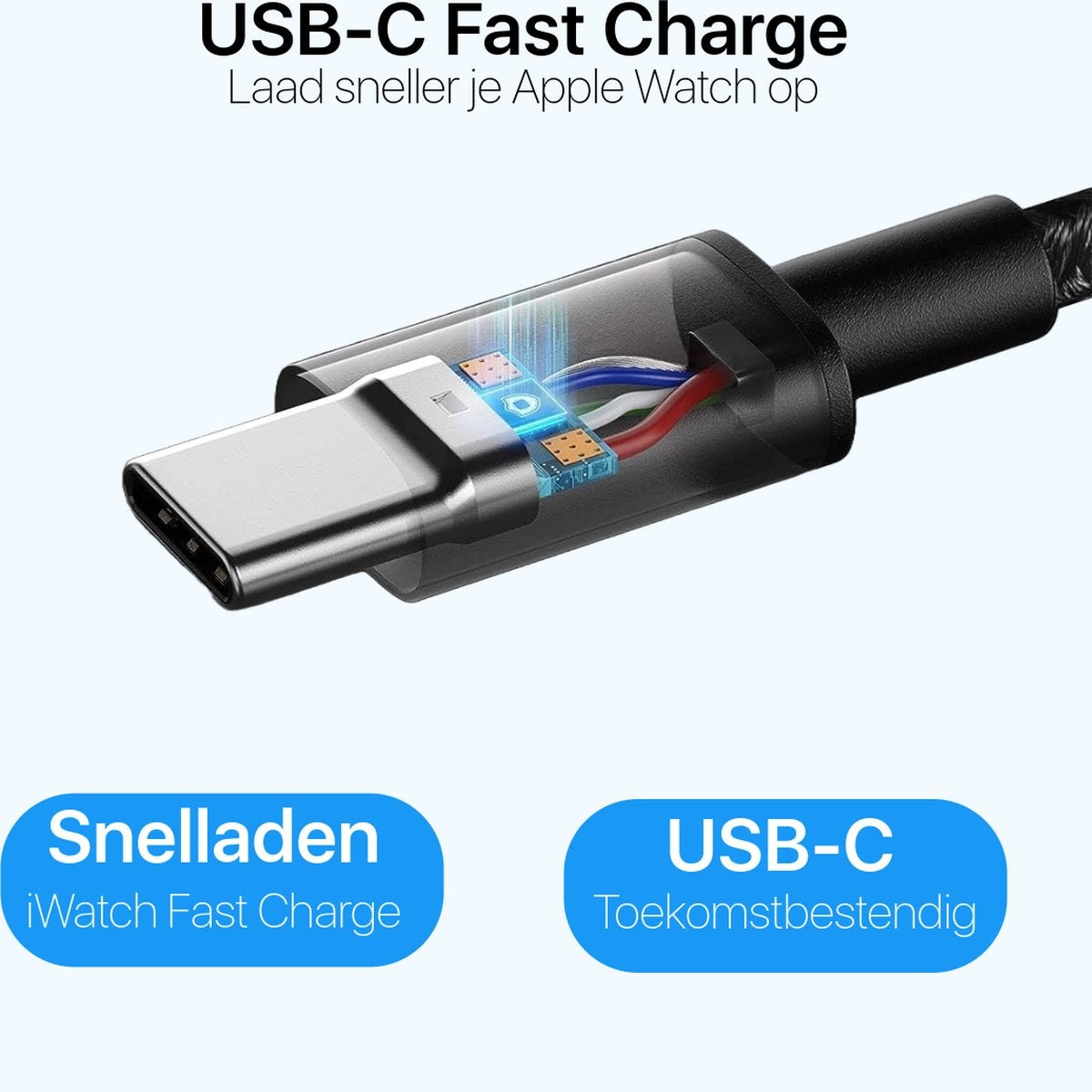Een USB-C snellaadkabel voor Apple Watch. De kabel is zwart met een transparante plastic hoes.