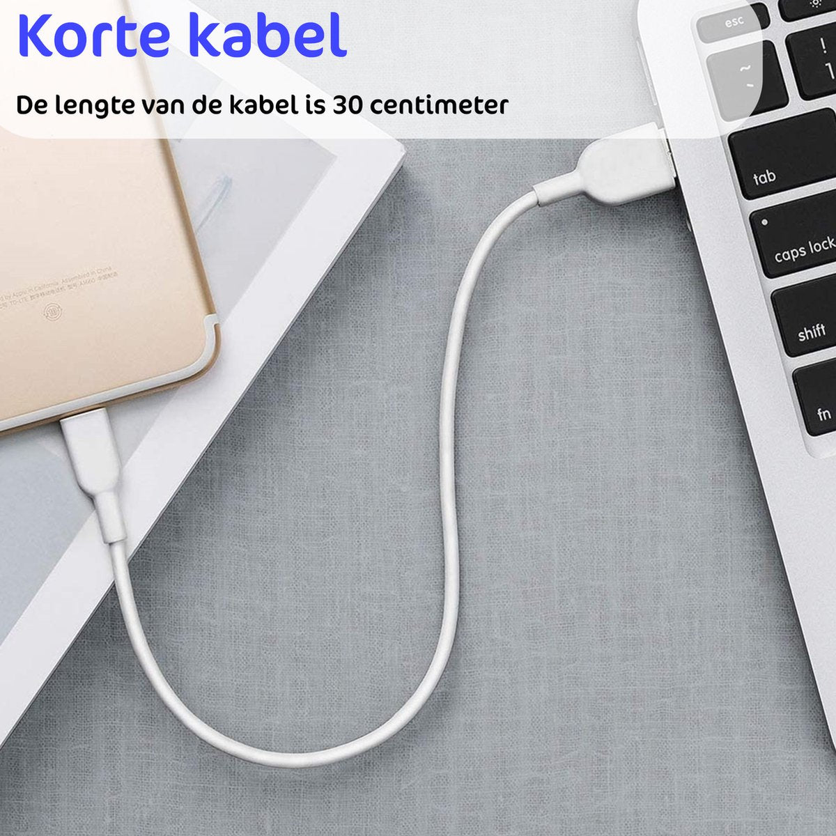 Een witte USB-kabel verbindt een gouden telefoon met een laptop. De tekst op het scherm zegt: 'Korte kabel, 30 cm lang'.
