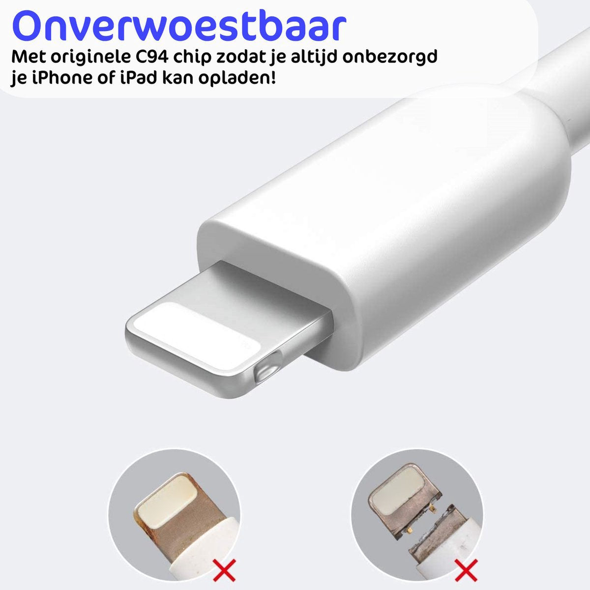 Een witte telefoonlader met een zilveren connector. Tekst geeft aan dat het duurzaam en veilig is voor iPhones en iPads. Twee connector details met een X.