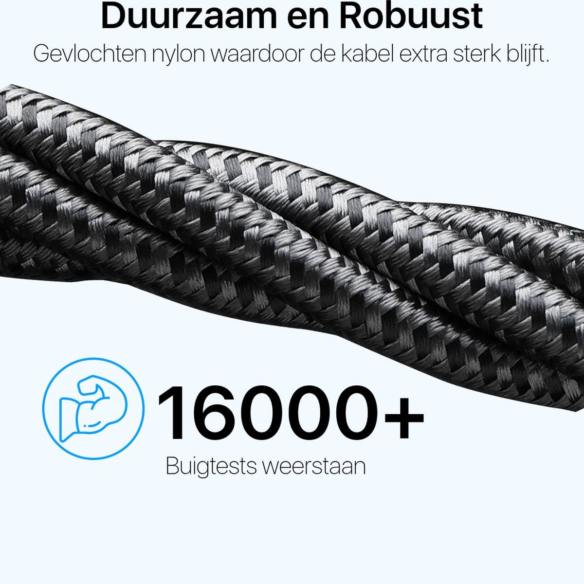 Close-up van een gevlochten zwart-grijze kabel. Tekst geeft duurzaamheid aan met '16000+' buigtests. Blauw icoon van een buigende arm.