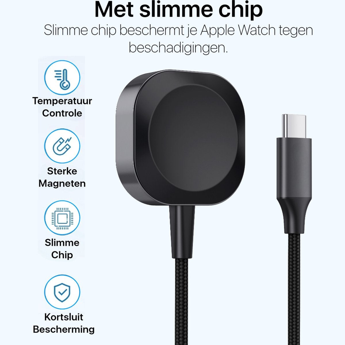 Zwarte Apple Watch-oplader met USB-C-kabel. Nederlandse tekst vermeldt 'slimme chip' en functies zoals temperatuurregeling en kortsluitbeveiliging.